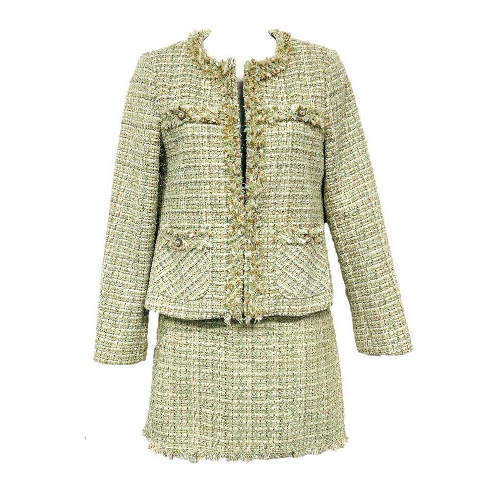 Tweed skirt suit XS Pearl buttons mint cream metallic Old Money